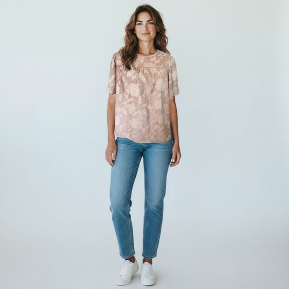 Women Blouse Deep Rose Floral Applique Flouncy Sleeve Button Back Neck Sz Small - Picture 2 of 16